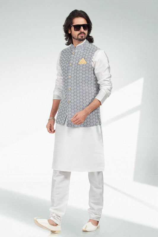 Purple Light Colour Art Silk Thread Work Kurta Pajama With Jacket