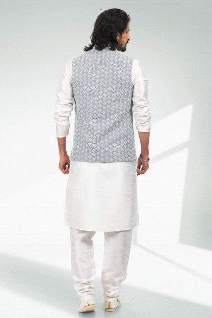 Purple Light Colour Art Silk Thread Work Kurta Pajama With Jacket