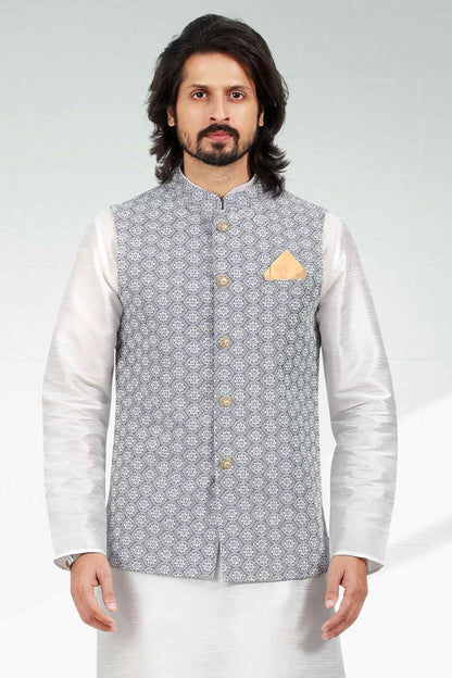Purple Light Colour Art Silk Thread Work Kurta Pajama With Jacket