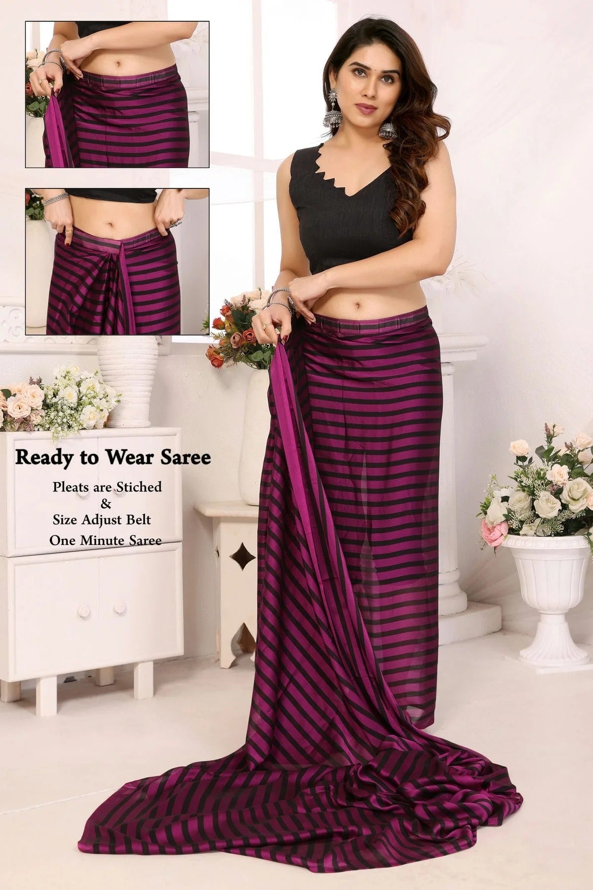 Purple and Black Colour Georgette Ready To Wear Saree SD1180035 A
