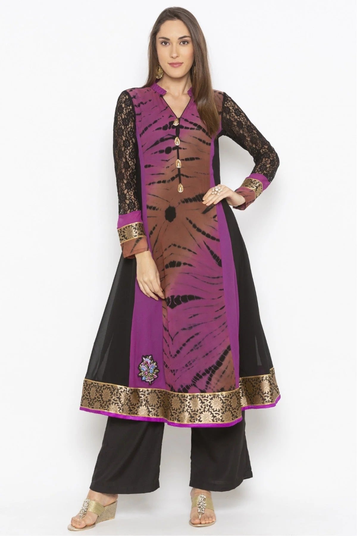 Purple and Black Colour Plus Size Georgette Embroidery Kurta Set KR1070462