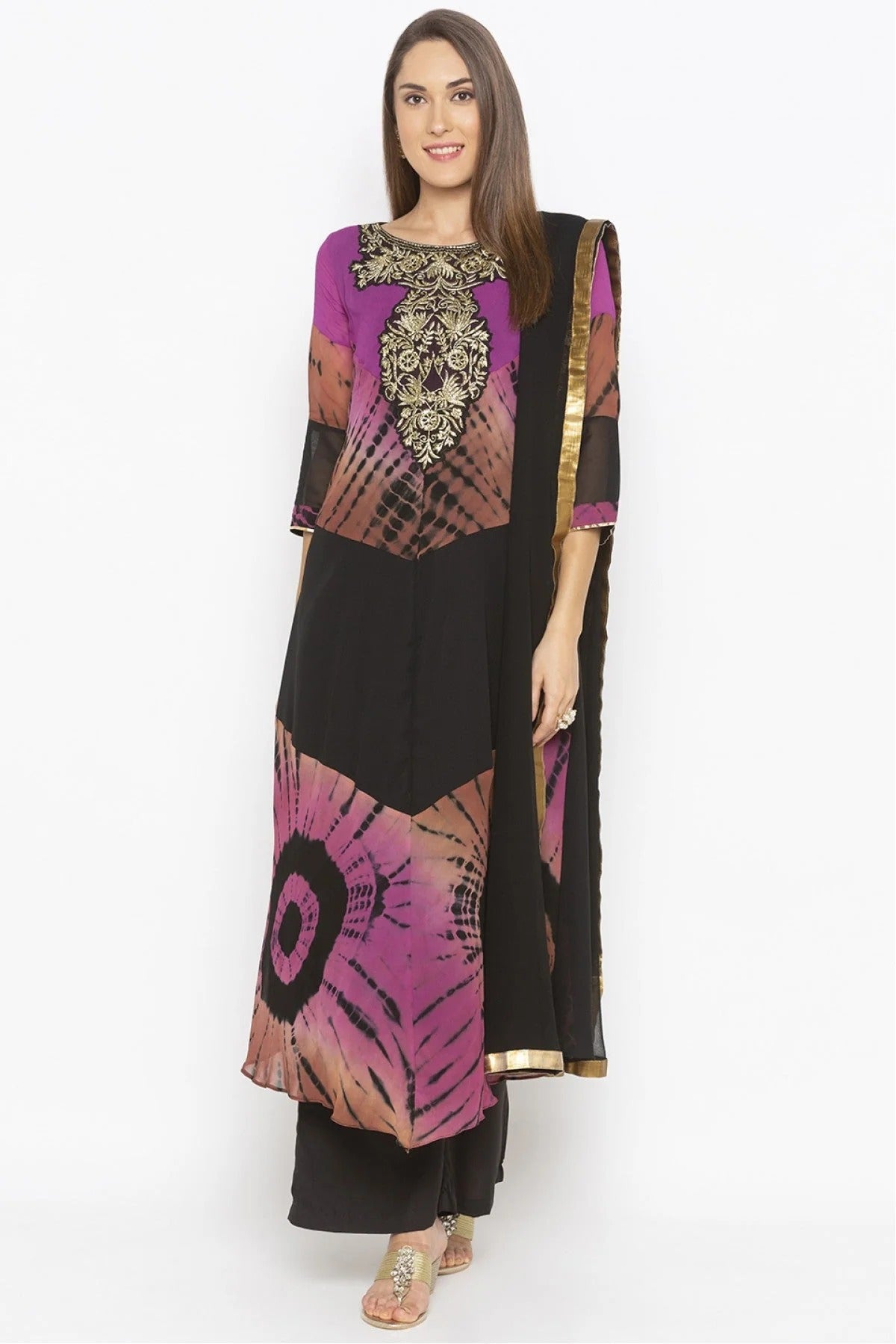 Purple and Black Colour Plus Size Georgette Embroidery Palazzo Pant Suit BW1070298