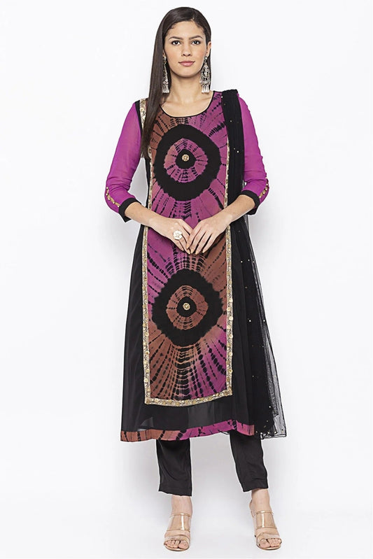 Purple and Black Colour Plus Size Georgette Embroidery Pant Style Suit BW1070314