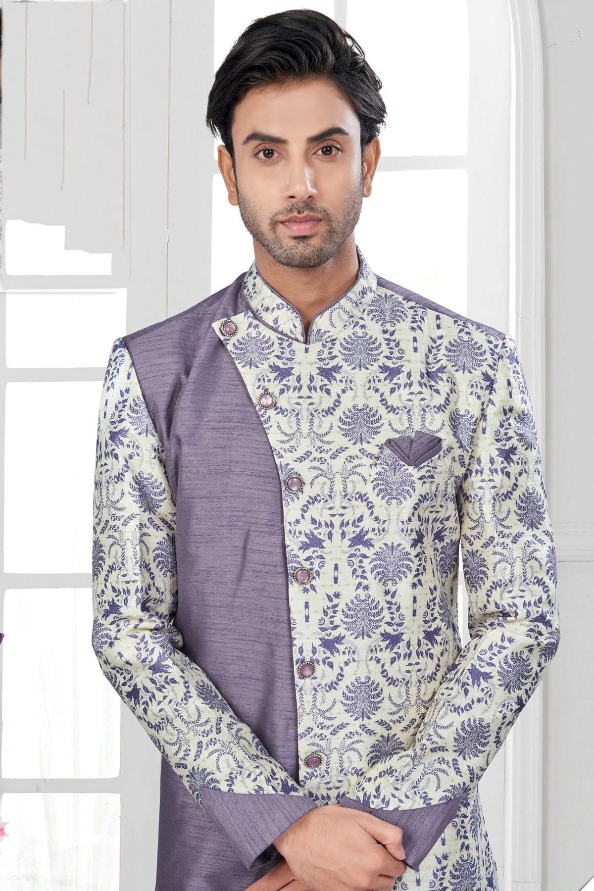 Purple and Cream Colour Silk Dupion Sherwani SH1040647 A