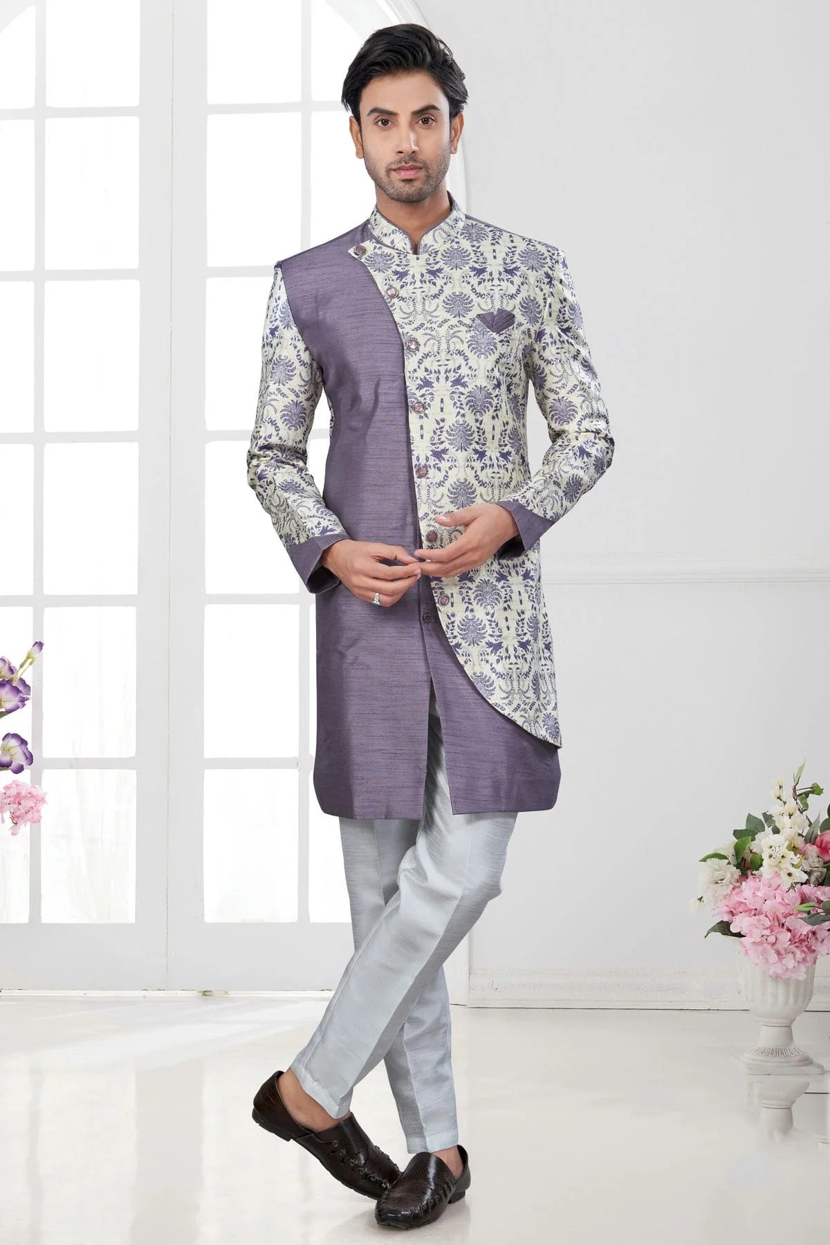 Purple and Cream Colour Silk Dupion Sherwani SH1040647