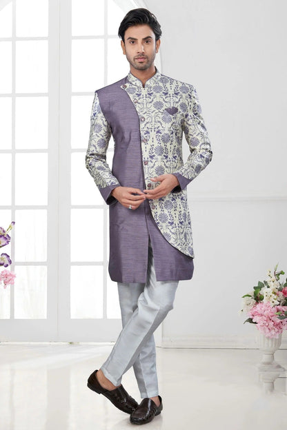 Purple and Cream Colour Silk Dupion Sherwani SH1040647