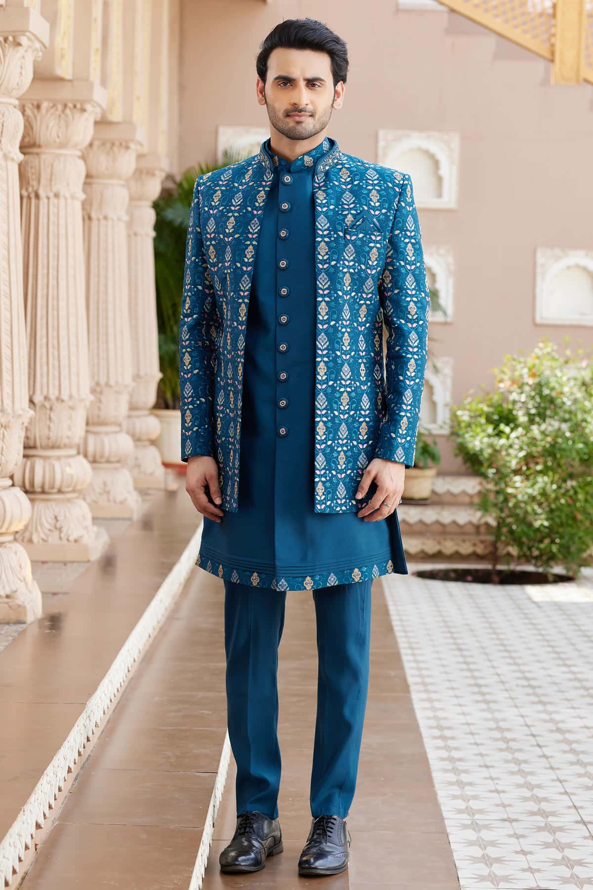 Rama Blue Colour Art Silk Embroidery Work 3 Pcs Indo Western