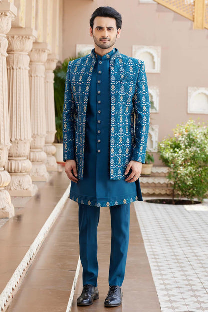 Rama Blue Colour Art Silk Embroidery Work 3 Pcs Indo Western