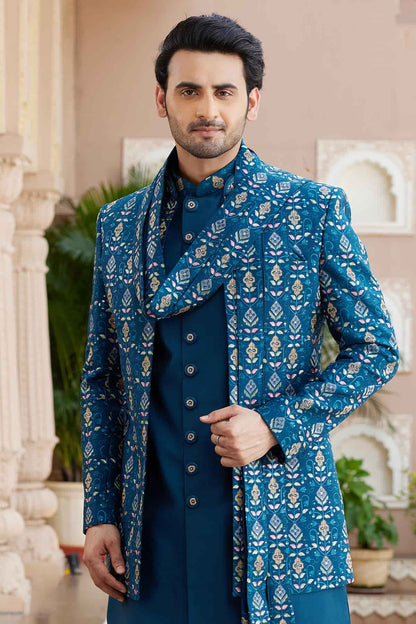 Rama Blue Colour Art Silk Embroidery Work 3 Pcs Indo Western