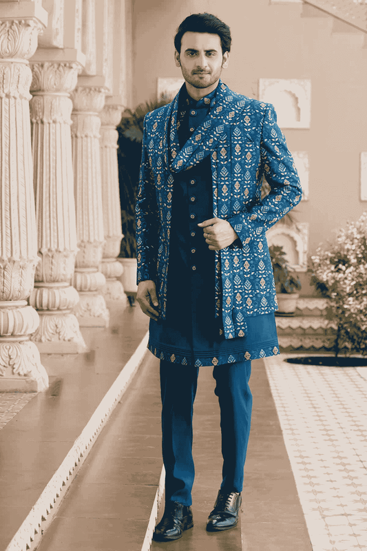 Rama Blue Colour Art Silk Embroidery Work 3 Pcs Indo Western