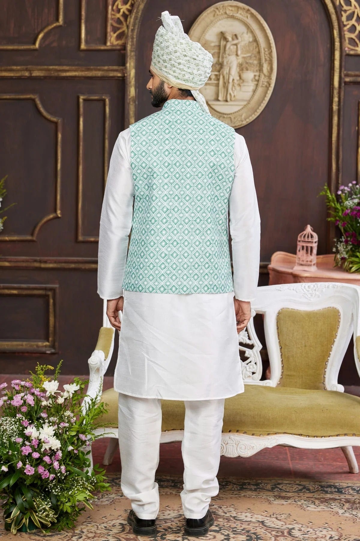Rama Green Colour Art Silk Kurta Pajama With Jacket KP1230261 A