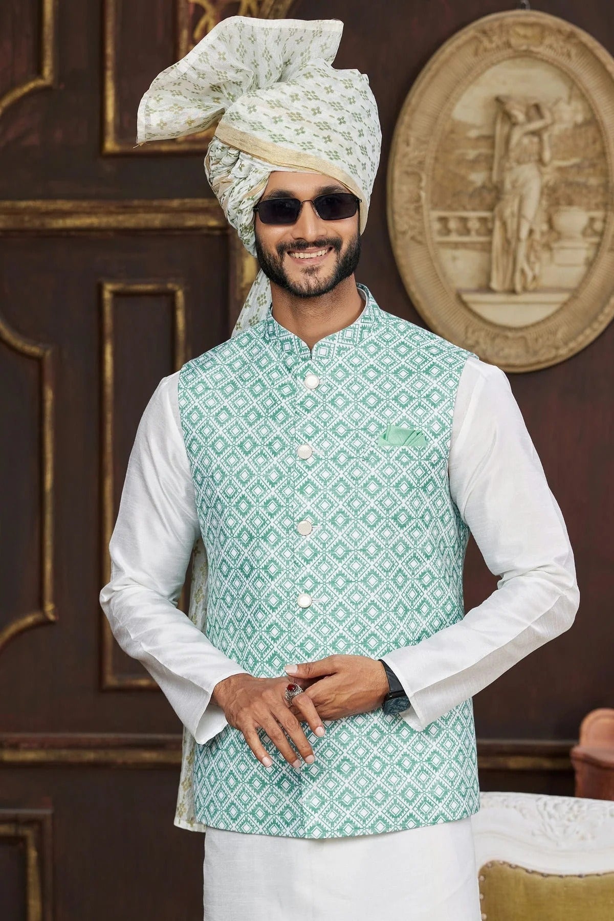 Rama Green Colour Art Silk Kurta Pajama With Jacket KP1230261 B