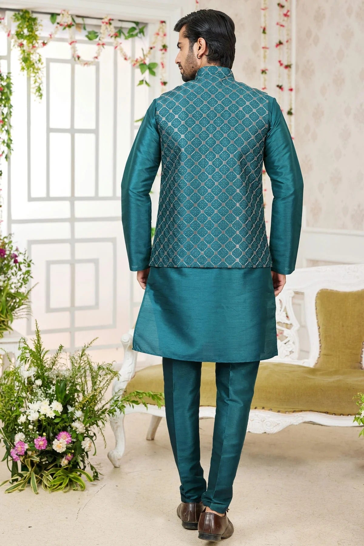 Rama Green Colour Art Silk Kurta Pajama With Jacket KP1230277 A