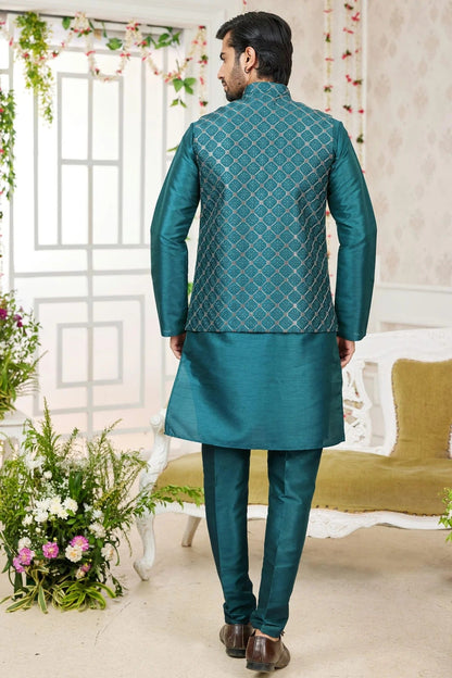 Rama Green Colour Art Silk Kurta Pajama With Jacket KP1230277 A