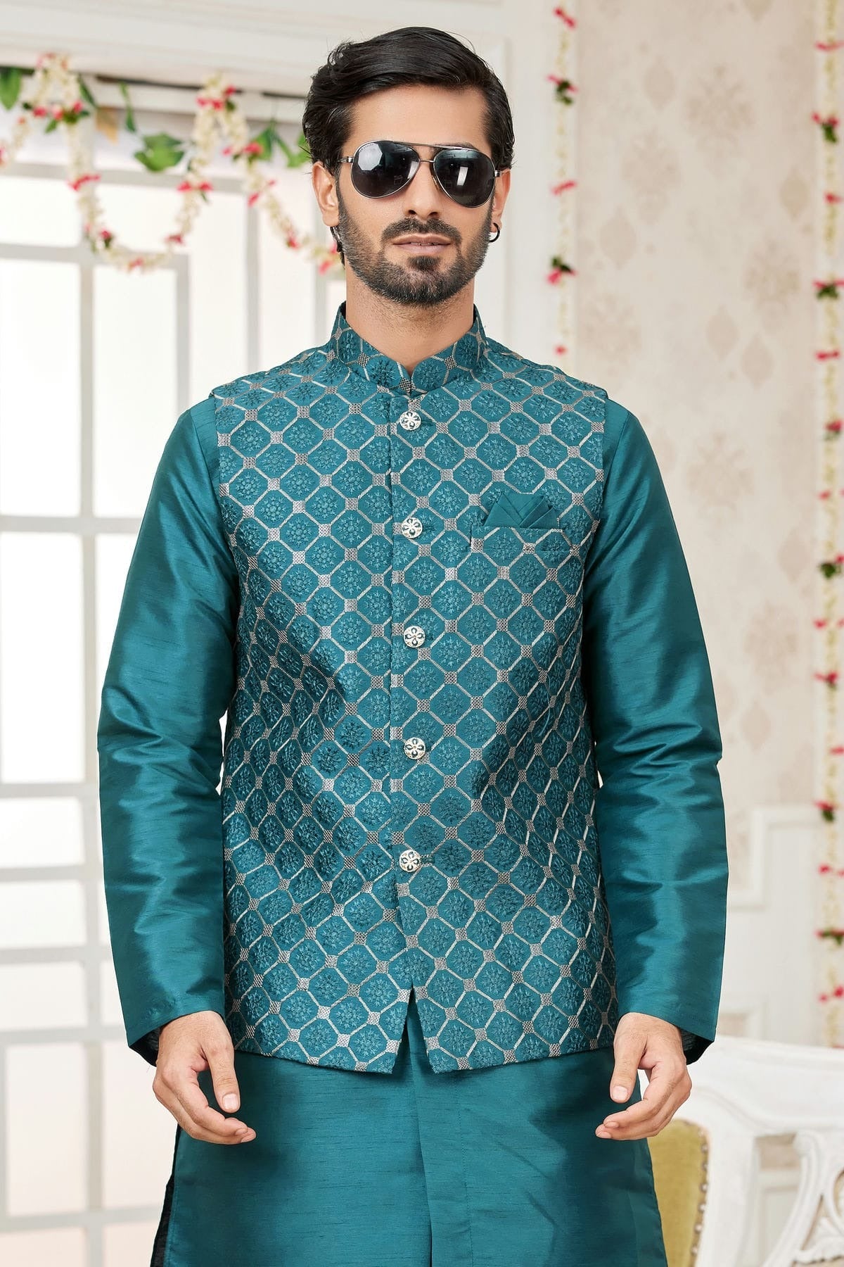 Rama Green Colour Art Silk Kurta Pajama With Jacket KP1230277 B
