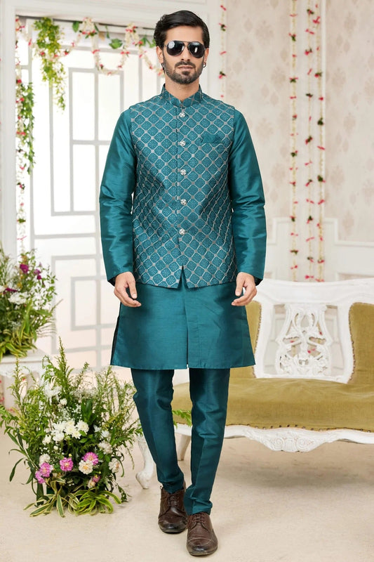 Rama Green Colour Art Silk Kurta Pajama With Jacket KP1230277