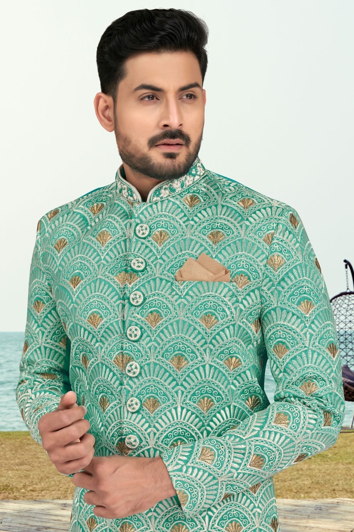 Rama Green Colour Banarasi Silk Indo Western Sherwani SH1040513 A