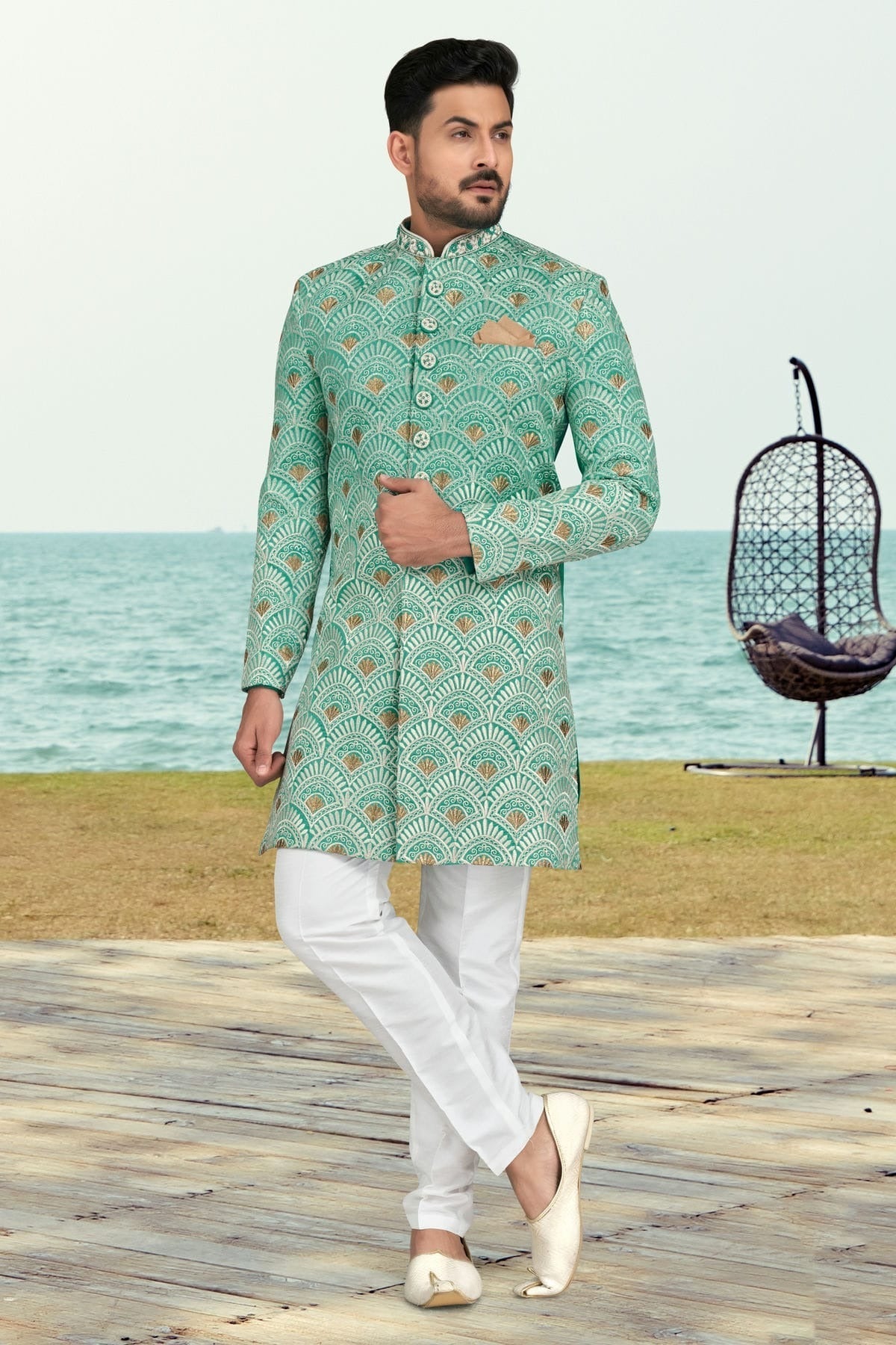 Rama Green Colour Banarasi Silk Indo Western Sherwani SH1040513