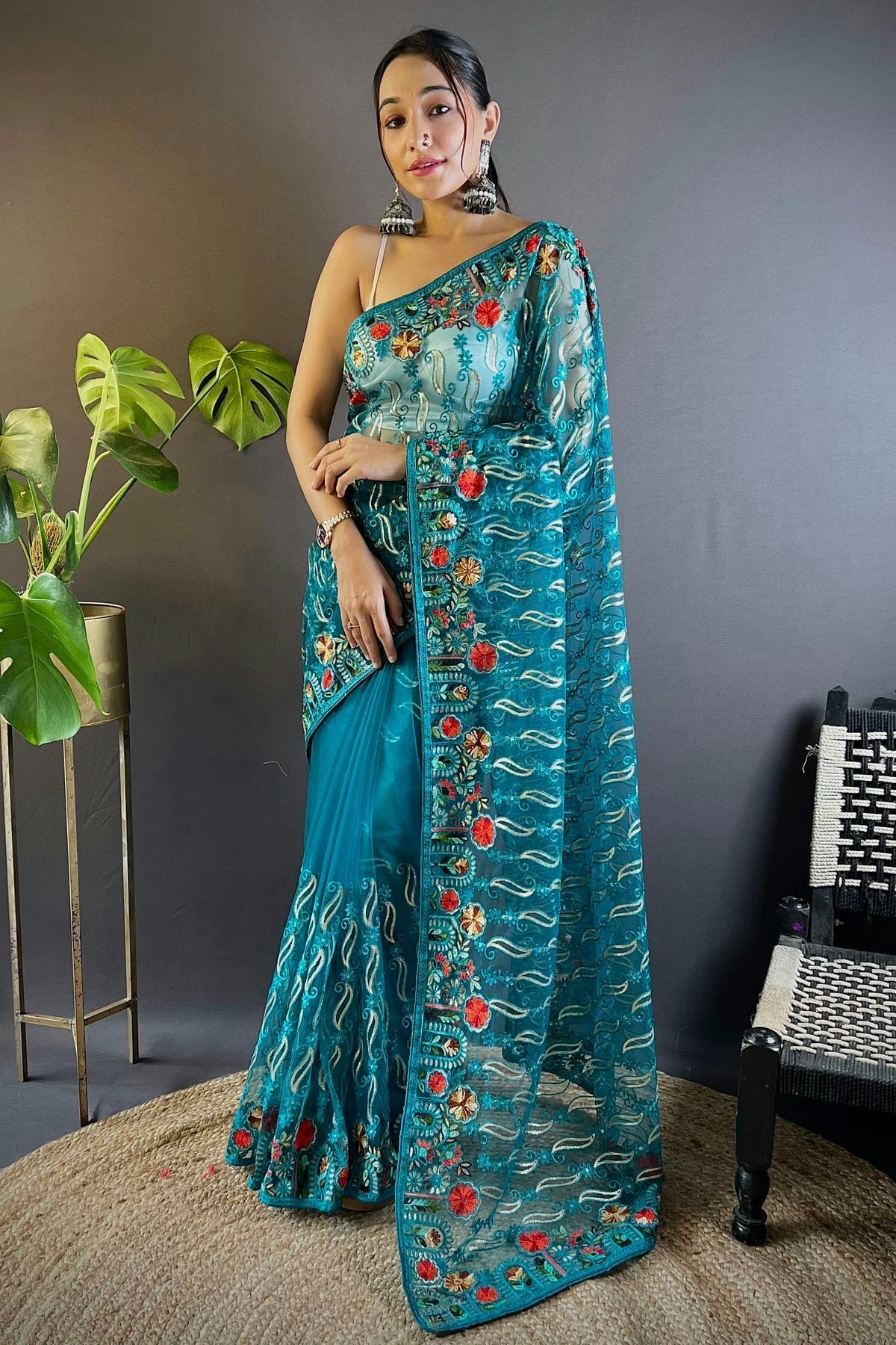 Rama Green Colour Butterfly Net Designer Saree SD1111884