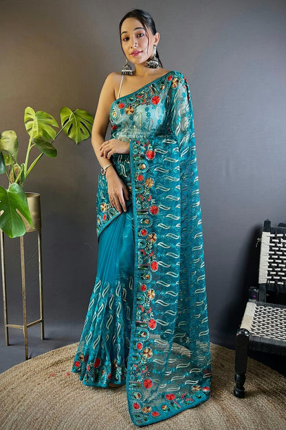 Rama Green Colour Butterfly Net Designer Saree SD1111884