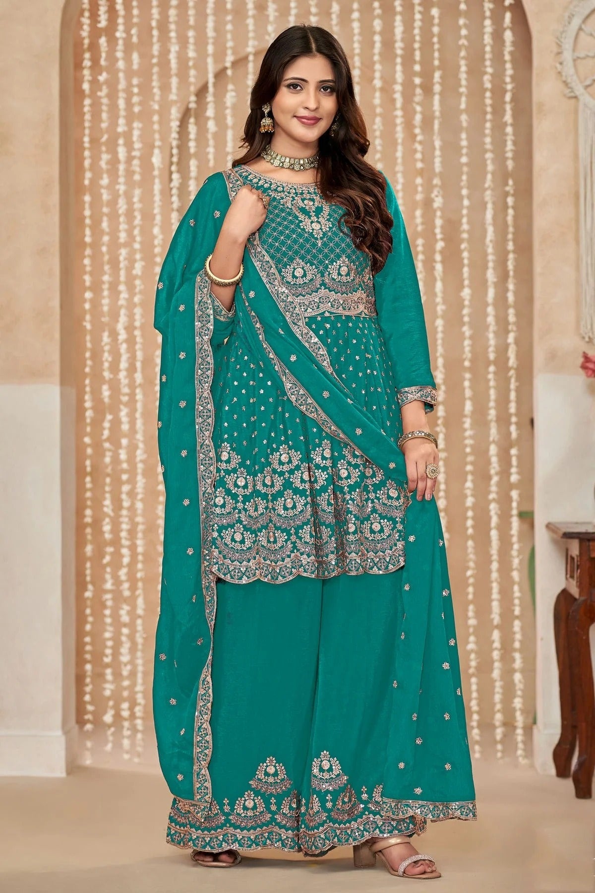 Rama Green Colour Chinon Palazzo Pant Suit SM1050584