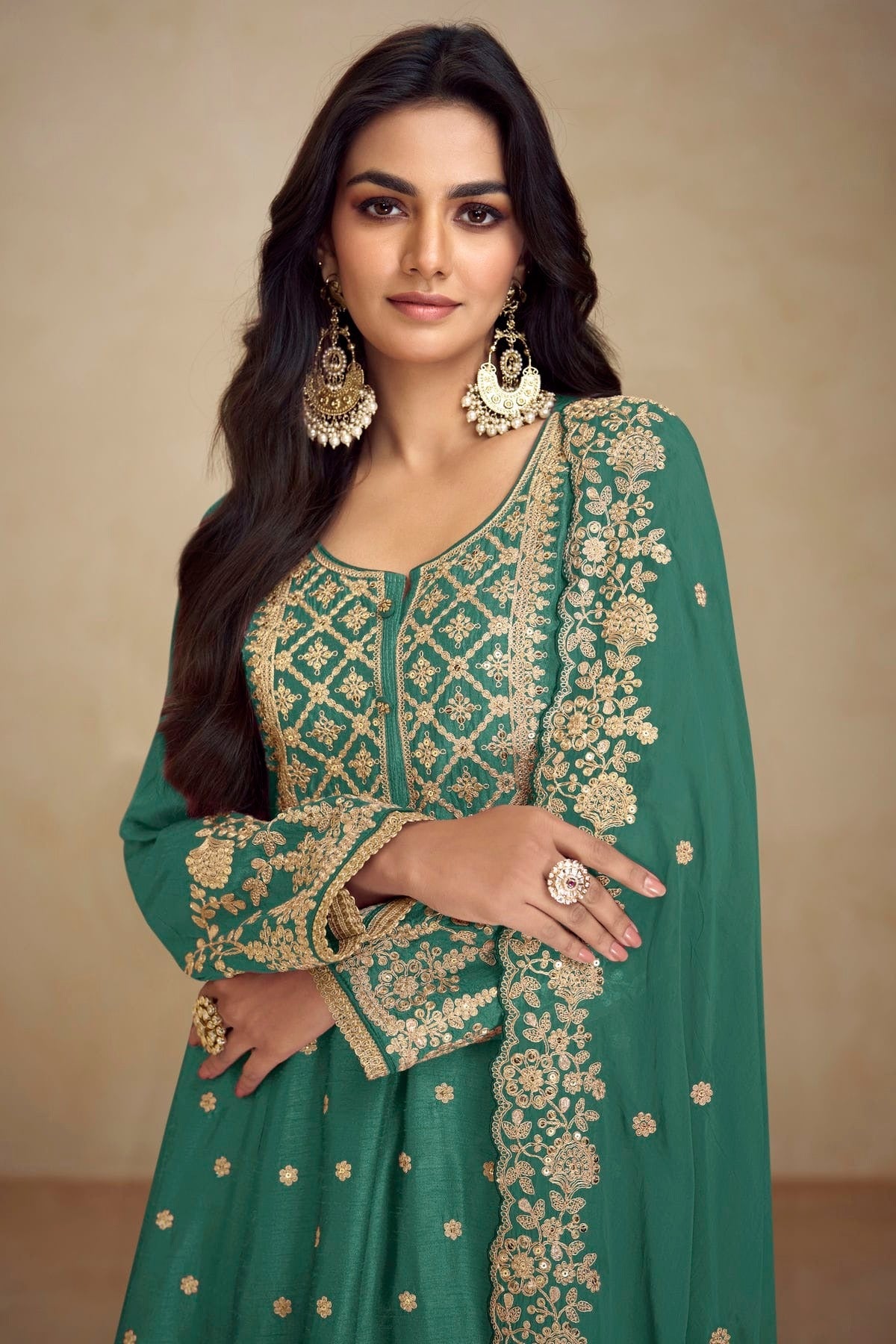 Rama Green Colour Chinon Palazzo Pant Suit SM1140545 A