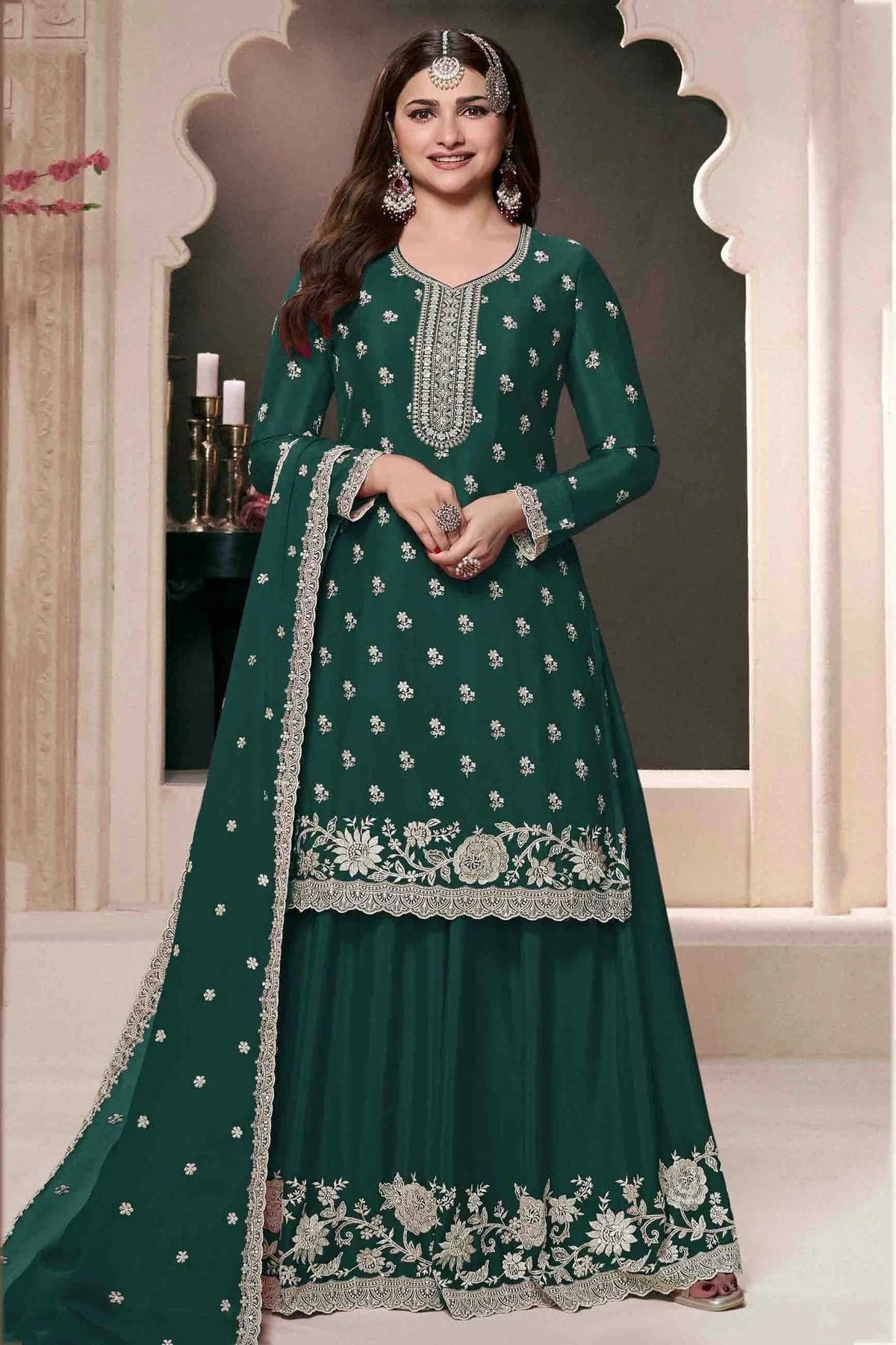 Rama Green Colour Chinon Palazzo Pant Suit SM1140915