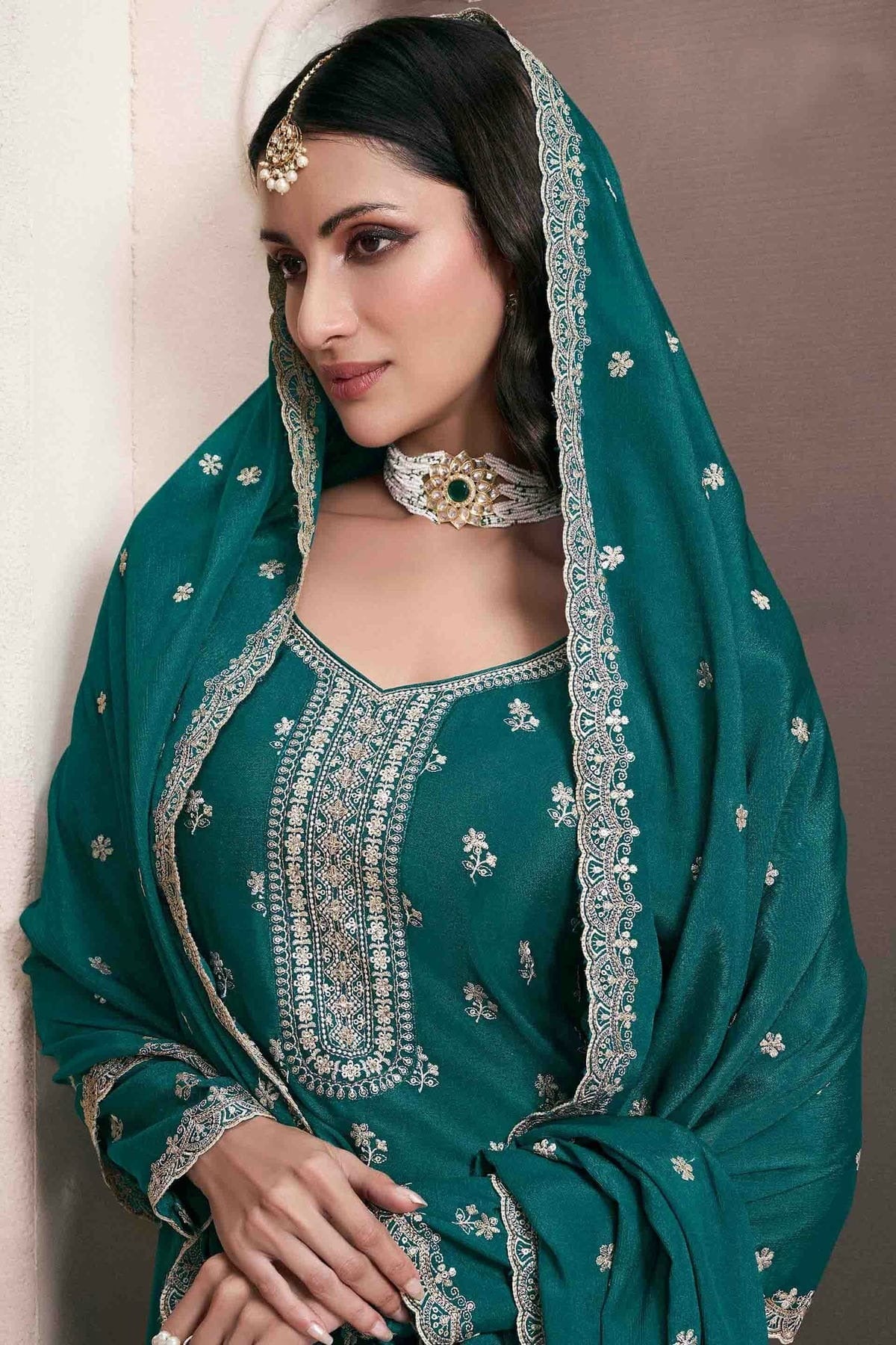 Rama Green Colour Chinon Palazzo Pant Suit SM1140922 A