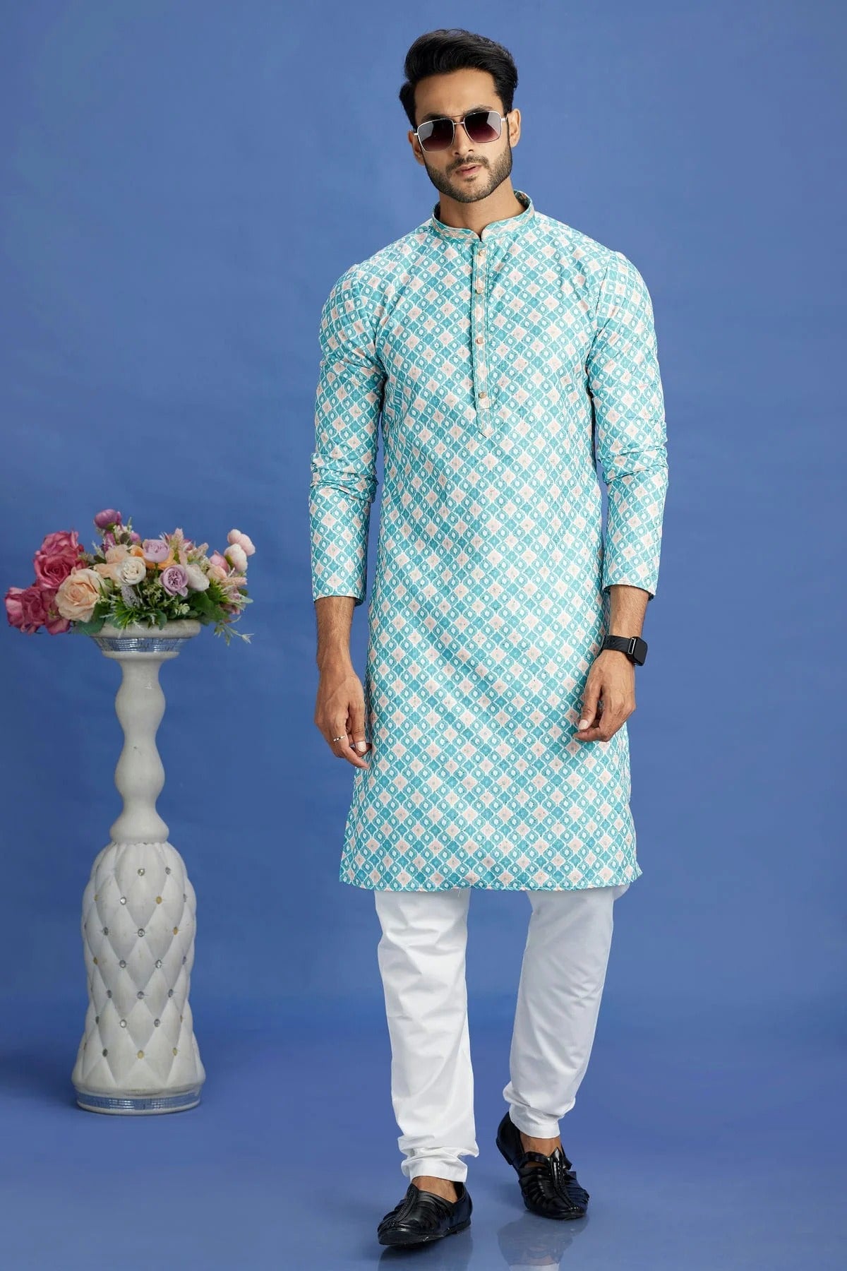 Rama Green Colour Cotton Pintex Work Kurta Pajama KP1230165 A