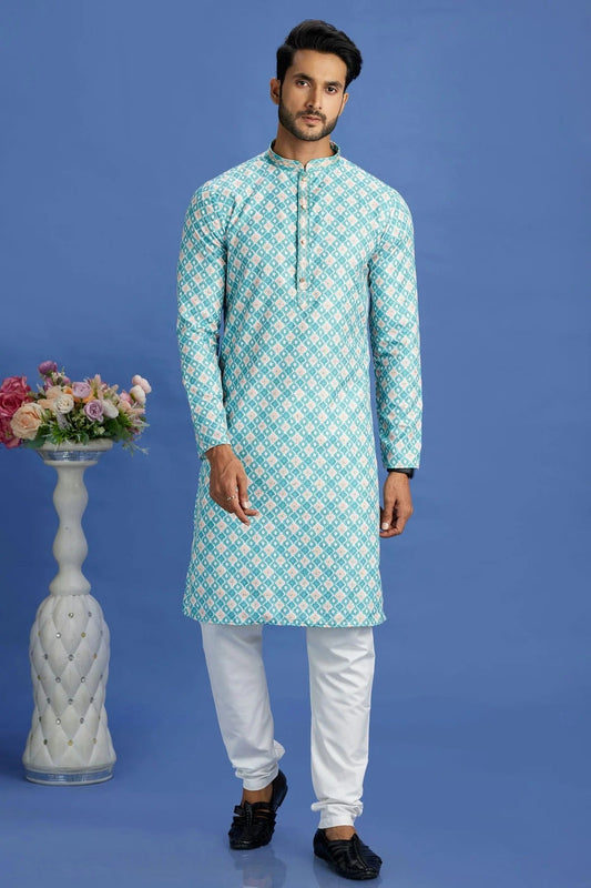 Rama Green Colour Cotton Pintex Work Kurta Pajama KP1230165