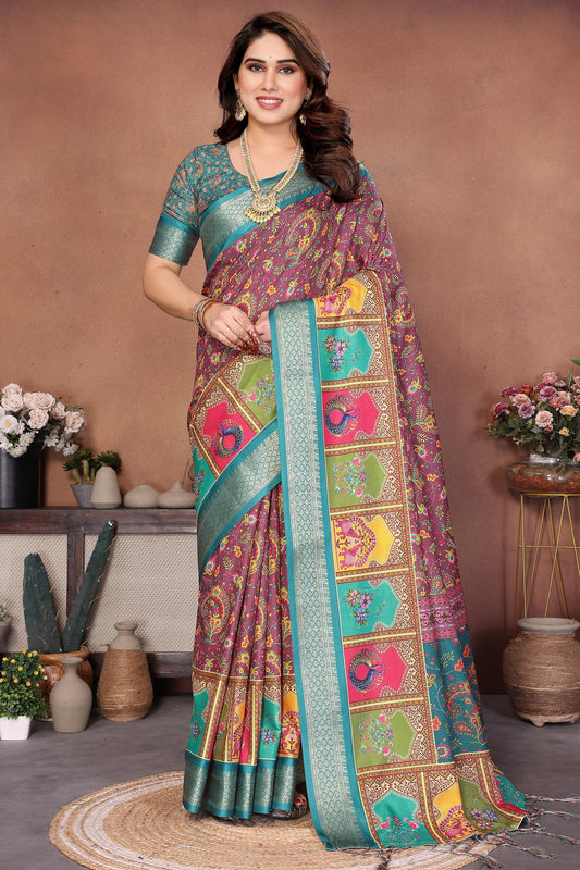 Rama Green Colour Cotton Silk Printed Saree