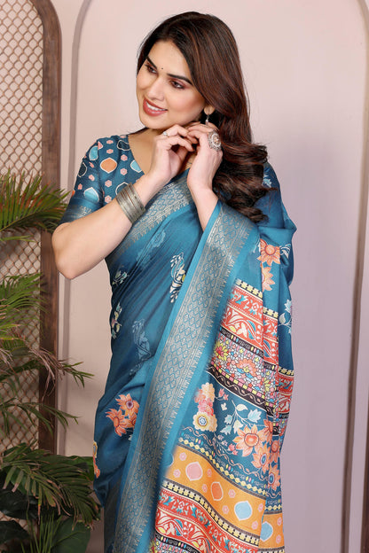 Rama Green Colour Cotton Silk Printed Saree