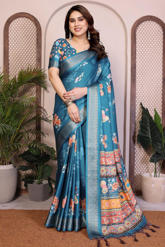 Rama Green Colour Cotton Silk Printed Saree