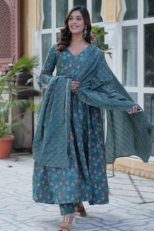 Rama Green Colour Cotton Stitched Anarkali Suit SS1113919