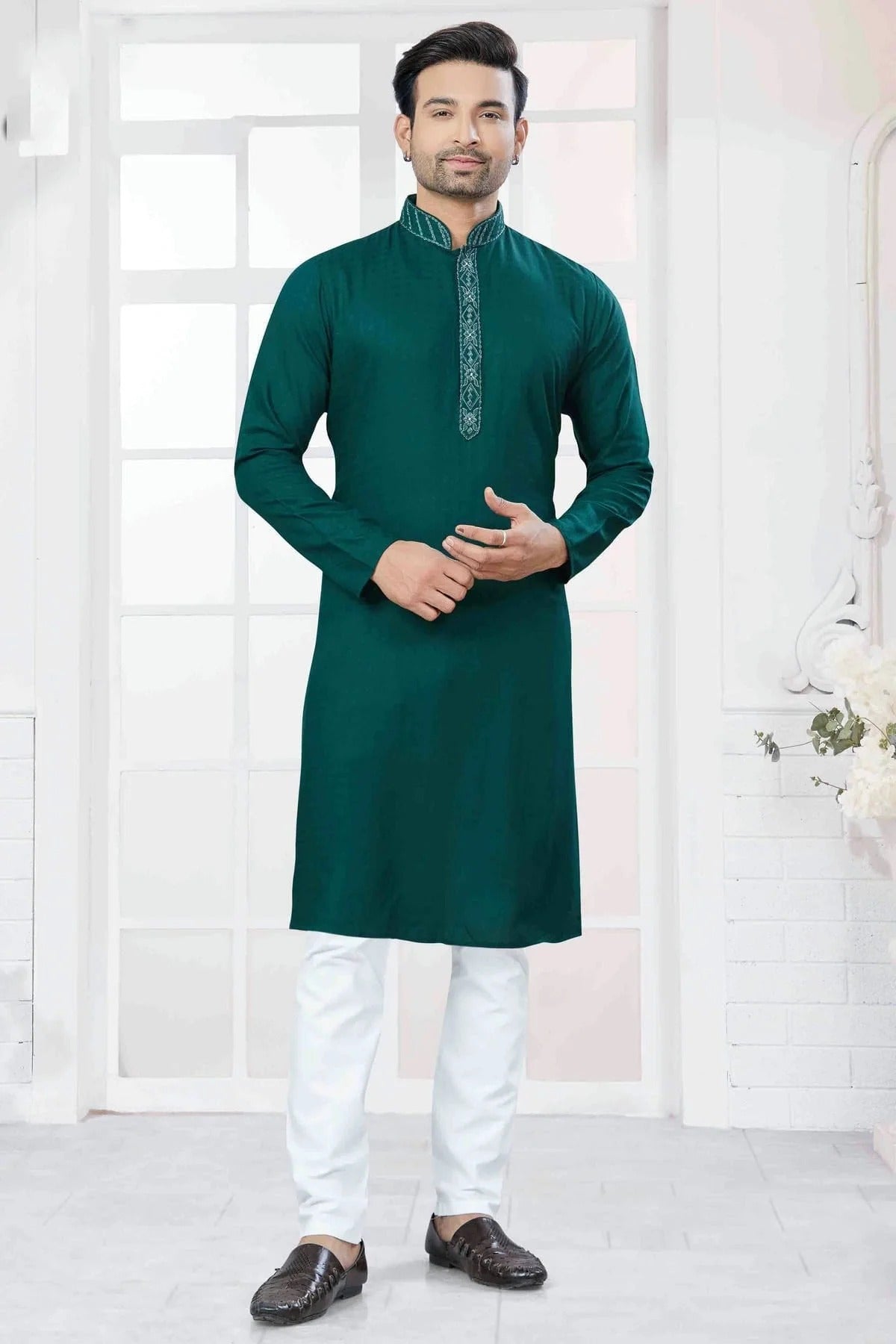 Rama Green Colour Embroidery Cotton Kurta Pajama KP1113432