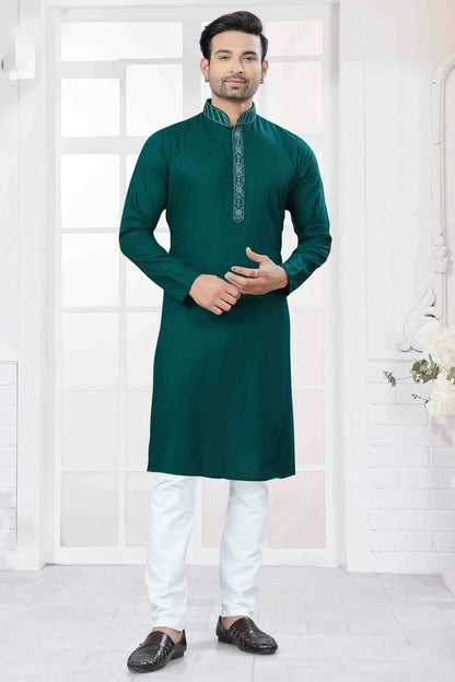 Rama Green Colour Embroidery Cotton Kurta Pajama KP1113432