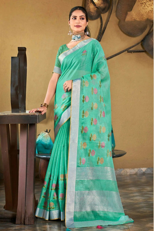 Rama Green Colour Embroidery Work Linen Saree SD1101536