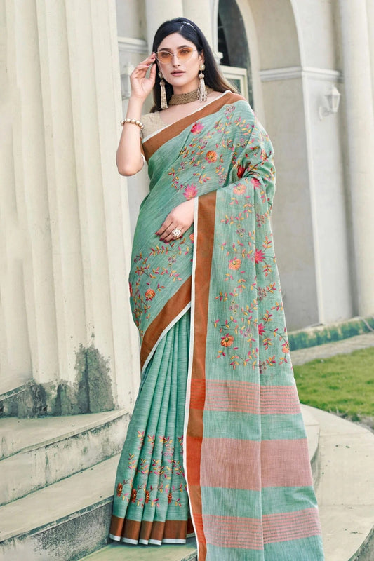 Rama Green Colour Embroidery Work Linen Saree SD1101604