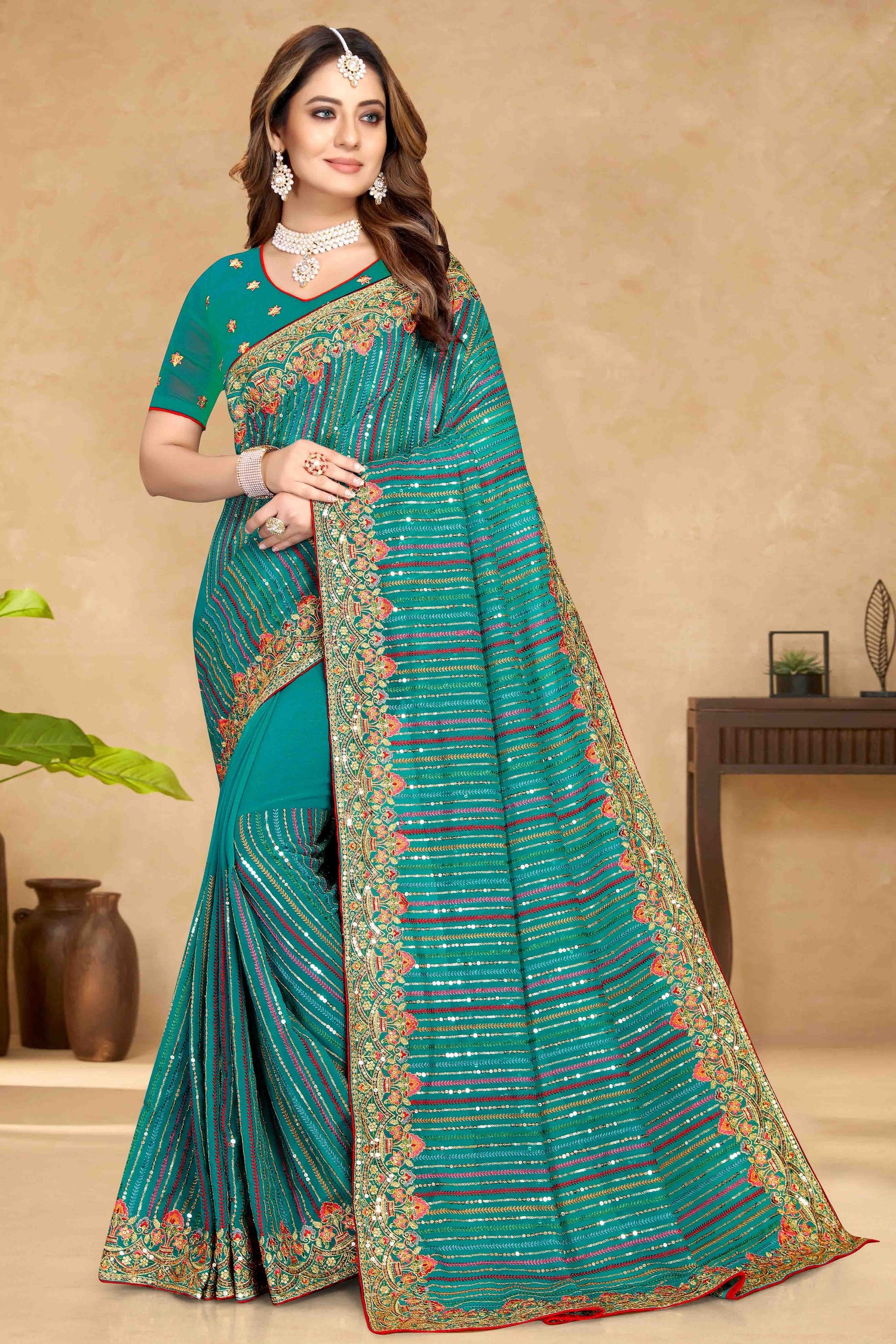 Rama Green Colour Georgette Designer Saree SD1090582