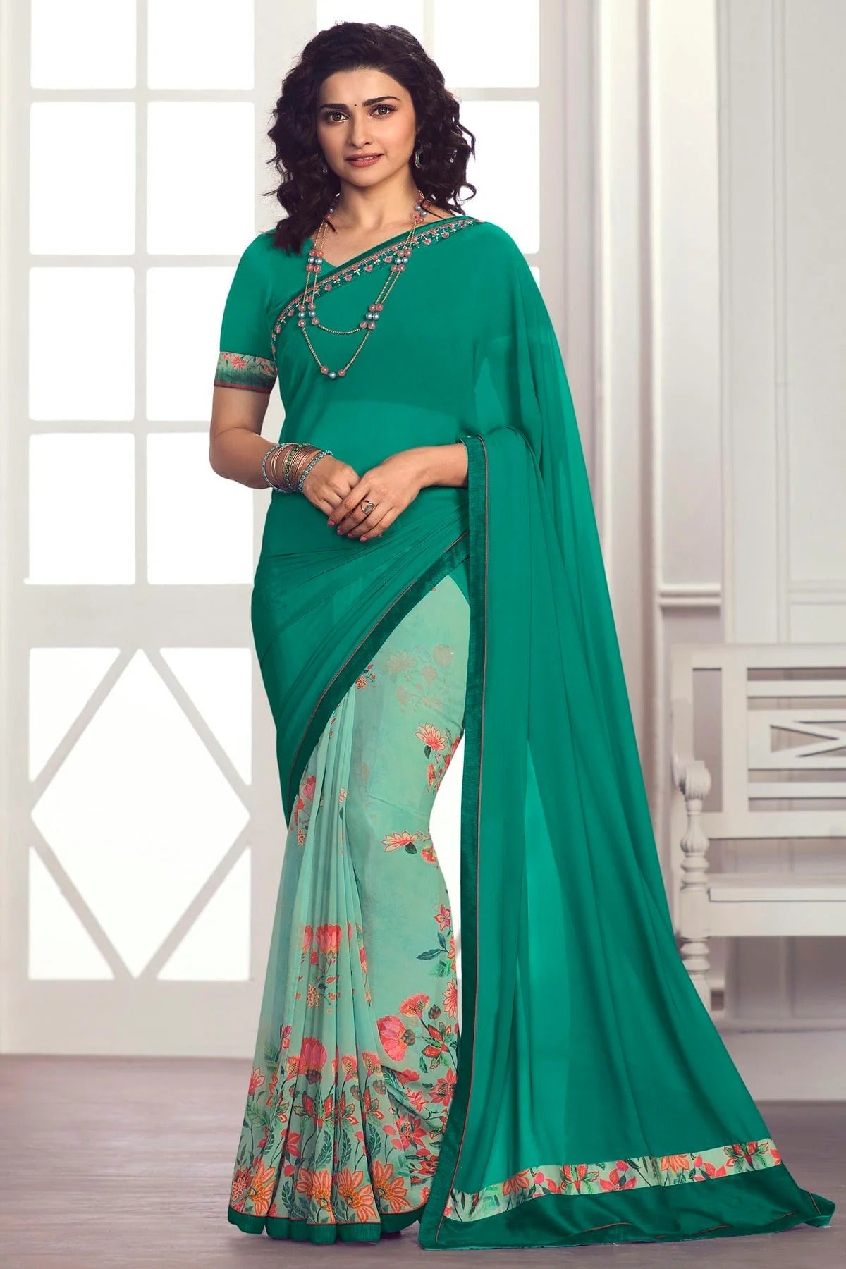 Rama Green Colour Georgette Printed Saree SD1180056