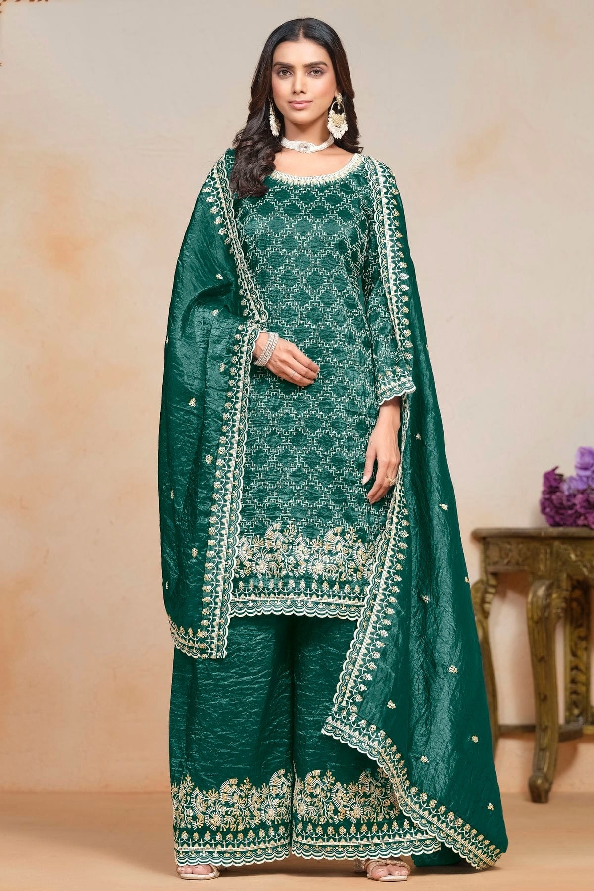 Rama Green Colour Gold Crush Semi Stitched Palazzo Pant Suit SM1050615 A