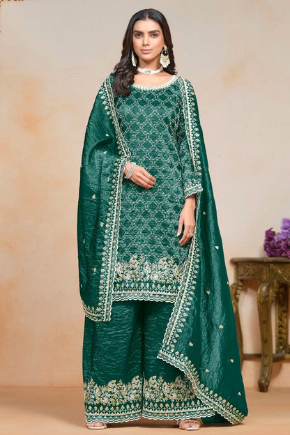 Rama Green Colour Gold Crush Semi Stitched Palazzo Pant Suit SM1050615 A