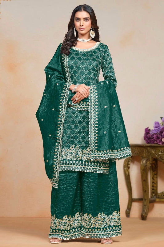 Rama Green Colour Gold Crush Semi Stitched Palazzo Pant Suit SM1050615