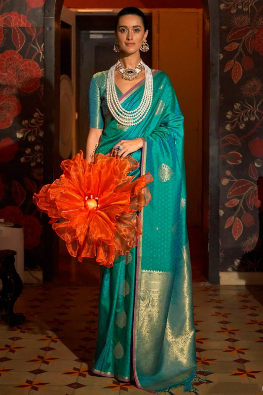 Rama Green Colour Handloom Weaving Silk Woven Work Saree SD1290075