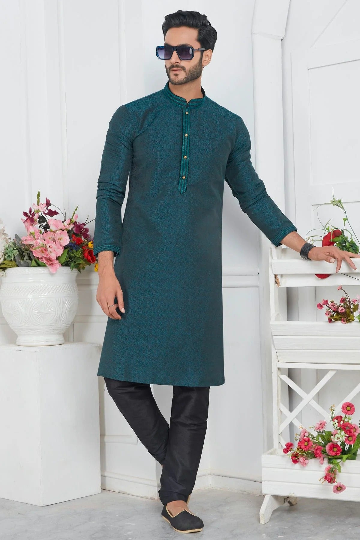 Rama Green Colour Jacquard Silk Brocade Kurta Pajama KP1230222 A