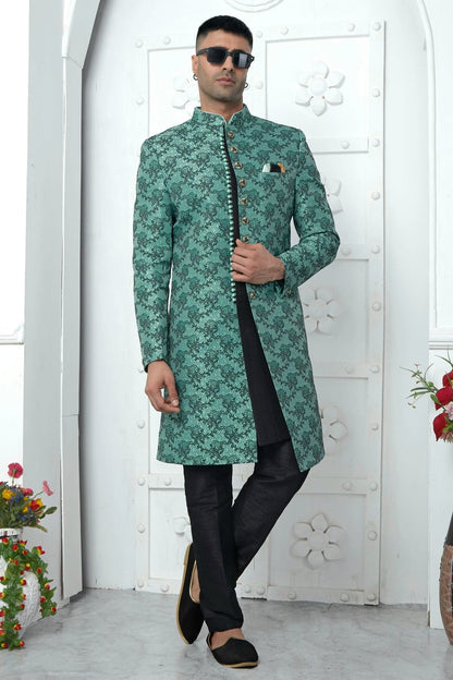 Rama Green Colour Jacquard Silk Indowestern Sherwani With Aligadhi Pant SH1230039 A