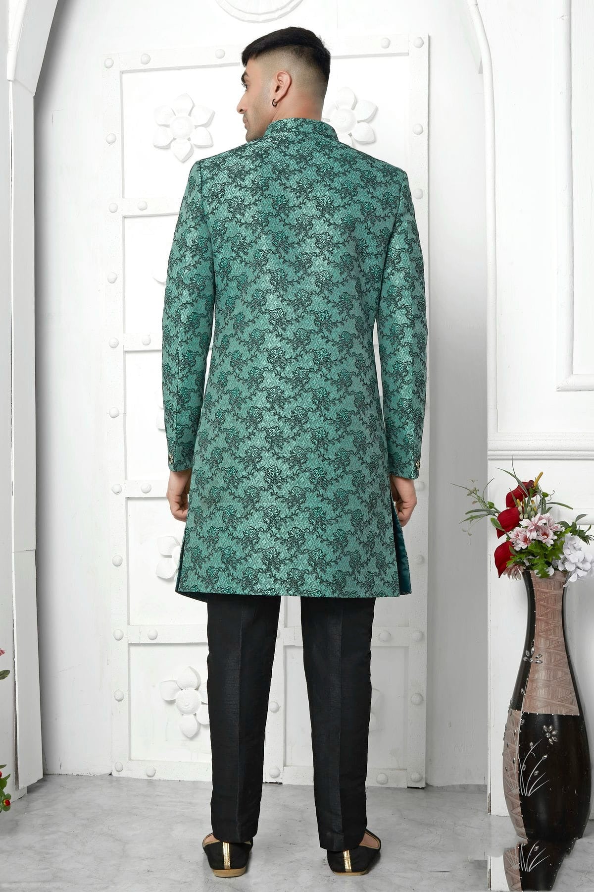Rama Green Colour Jacquard Silk Indowestern Sherwani With Aligadhi Pant SH1230039 B