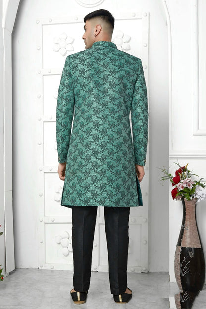 Rama Green Colour Jacquard Silk Indowestern Sherwani With Aligadhi Pant SH1230039 B