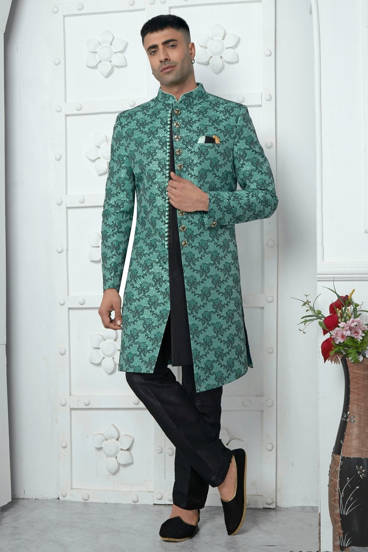 Rama Green Colour Jacquard Silk Indowestern Sherwani With Aligadhi Pant SH1230039