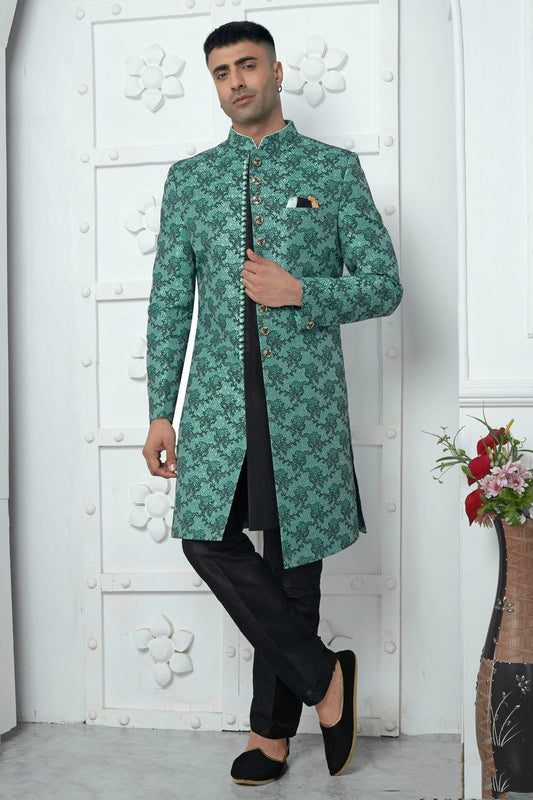 Rama Green Colour Jacquard Silk Indowestern Sherwani With Aligadhi Pant SH1230039